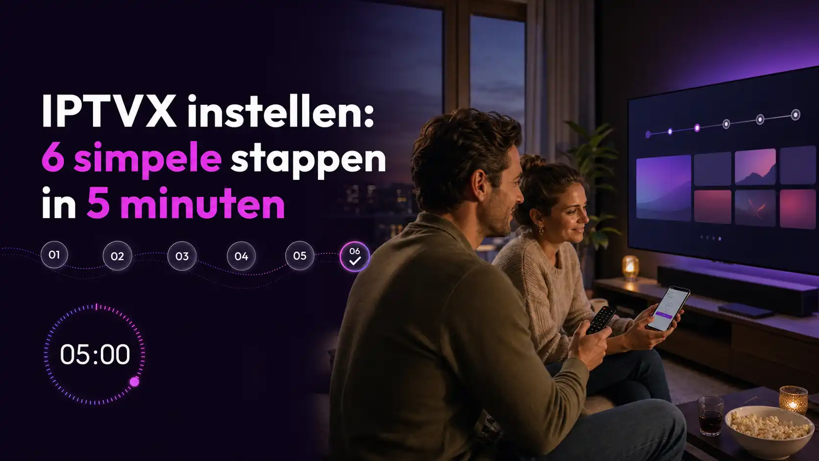 IPTVX installeren in 6 eenvoudige stappen: een koppel stelt IPTV in op de televisie met een smartphone en afstandsbediening.